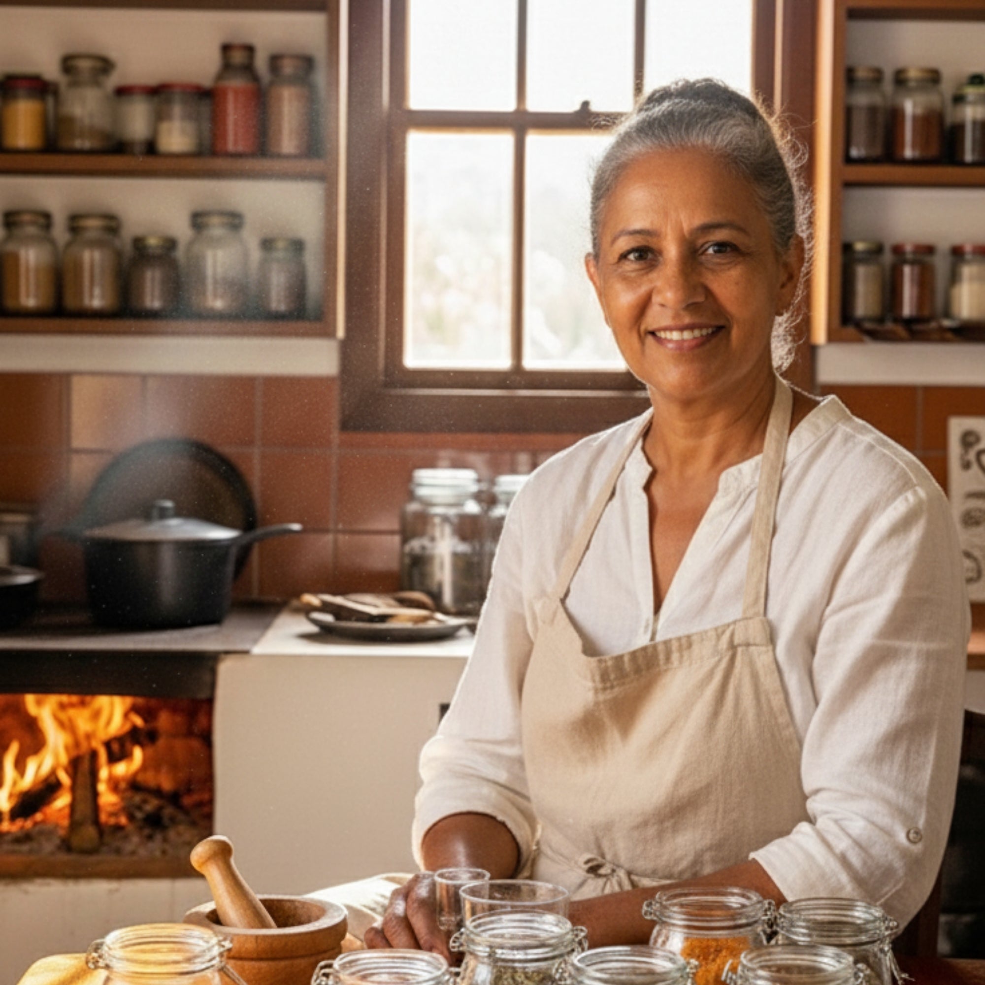 Mulher brasileira sorrindo em cozinha artesanal, cercada por potes de temperos naturais Mandacaru, com fogão à lenha ao fundo, representando afeto, tradição e culinária saudável.