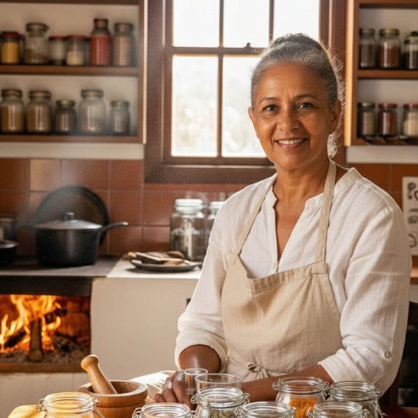 Mulher brasileira sorrindo em cozinha artesanal, cercada por potes de temperos naturais Mandacaru, com fogão à lenha ao fundo, representando afeto, tradição e culinária saudável.